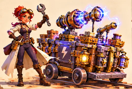 Madame Spark beside her cart topped with crackling coils