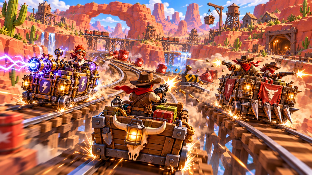 Three rival minecarts speeding side by side on wooden trestles through a red-rock canyon