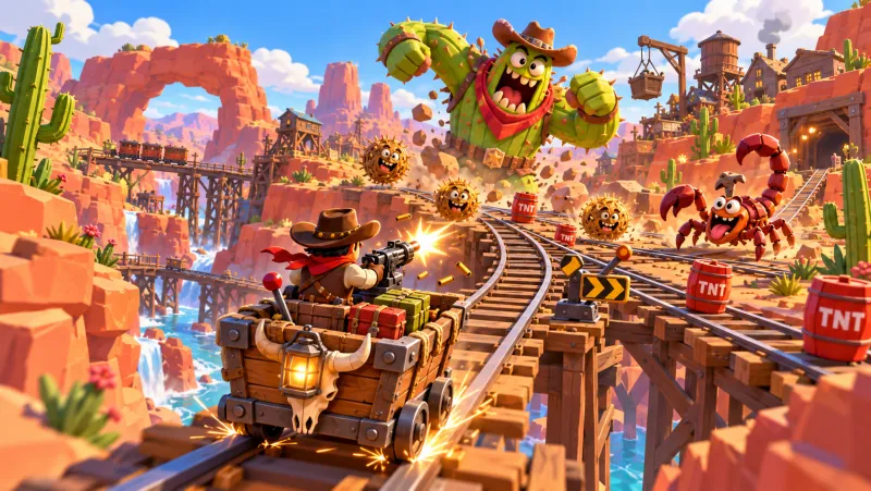 A rider fires a mounted gun from a minecart while a cactus brute, tumbleweeds and a scorpion charge down the tracks past TNT barrels