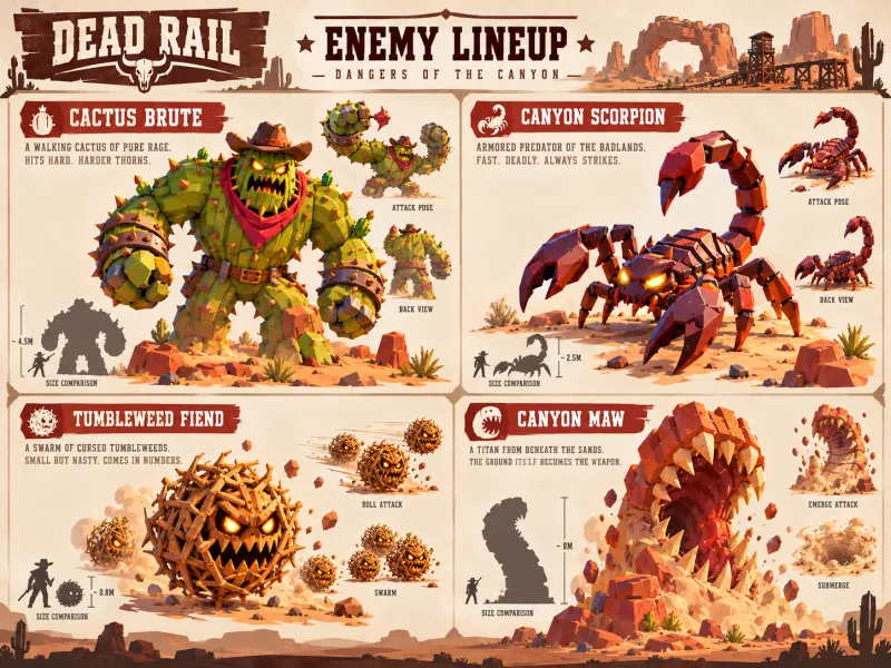 Enemy line-up sheet with the cactus brute, canyon scorpion, tumbleweed fiend and canyon maw, with size comparisons