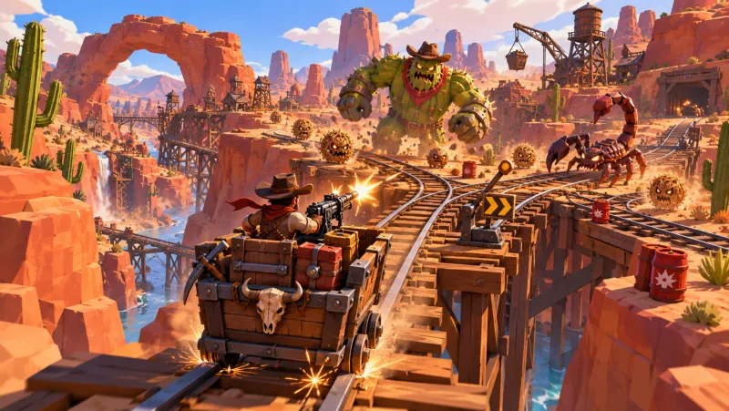 A rider fires from a minecart on a trestle toward a cactus brute, a scorpion and a rail switch