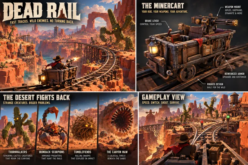 Key art sheet: a rider firing from a minecart on a canyon trestle, the armored player cart, four desert creatures and a first-person view of switching tracks