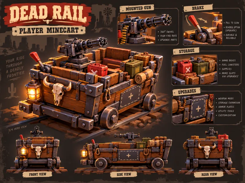 Player minecart sheet with the mounted gun, brake lever, storage and upgrades, plus front, side and rear views