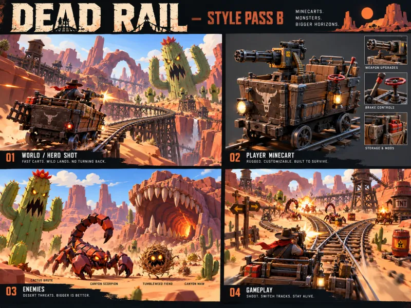 Style pass B: a brighter, chunkier take on the world, the player cart, the enemies and gameplay